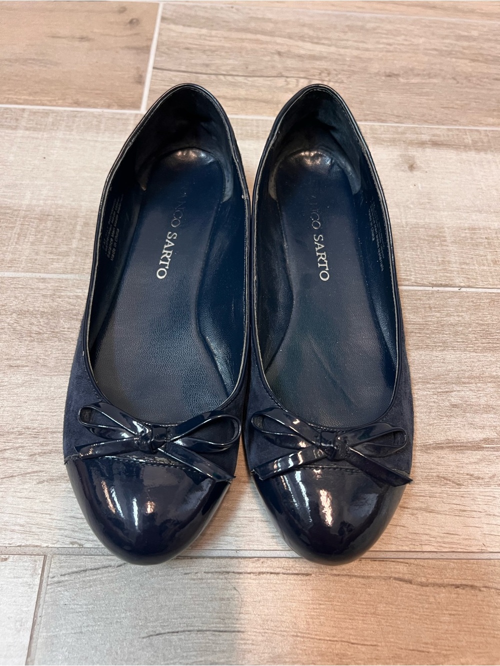Franco Sarto Navy Patent Cap-Toe Bow Flats
